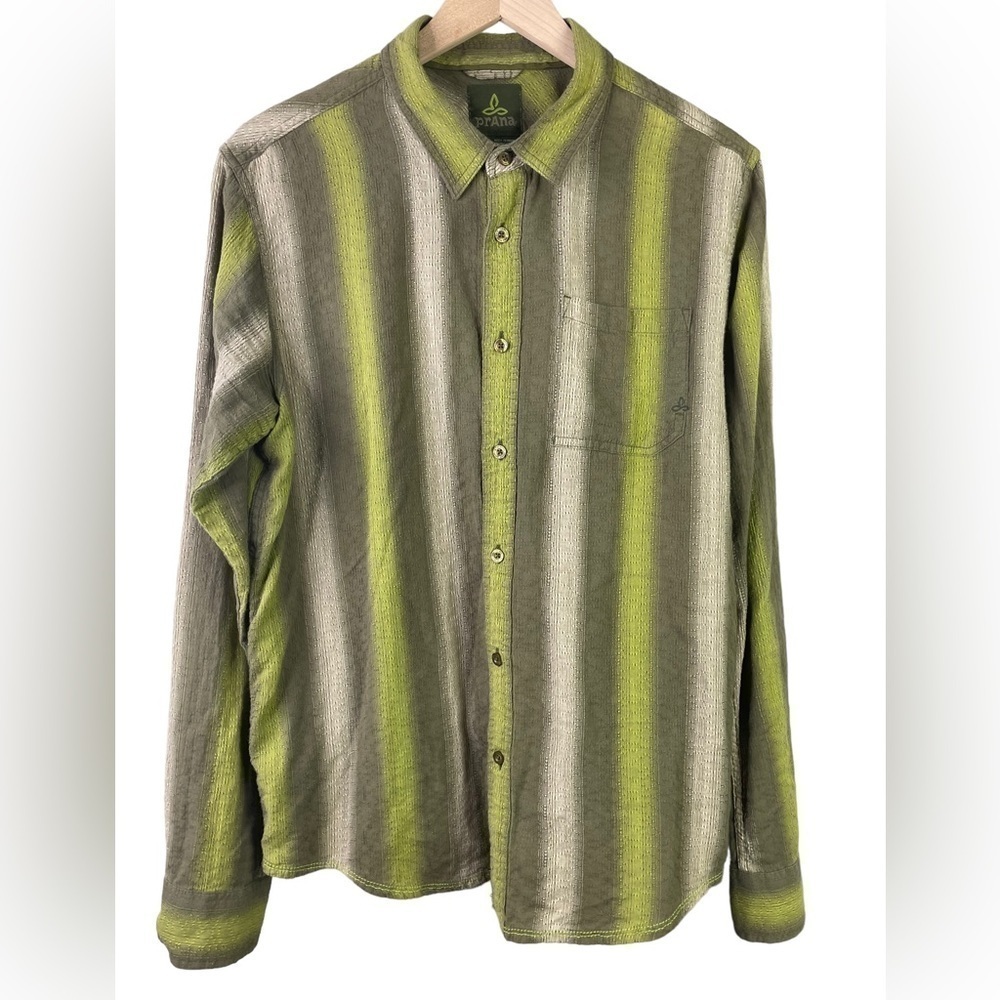PrAna Men’s Green Striped Long Sleeve Button Shirt